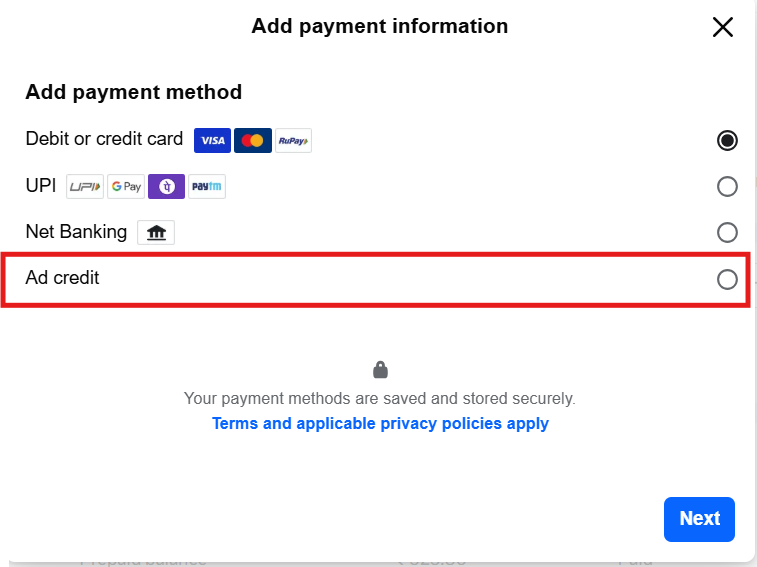 facebook ads me upi option kaise laye